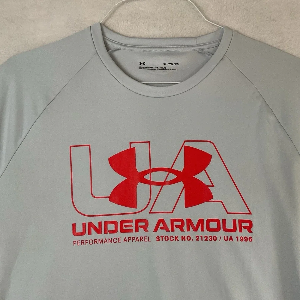 Under Armour Performance Shirt Mens XL Gray Red Logo Loose Fit Short Sleeve